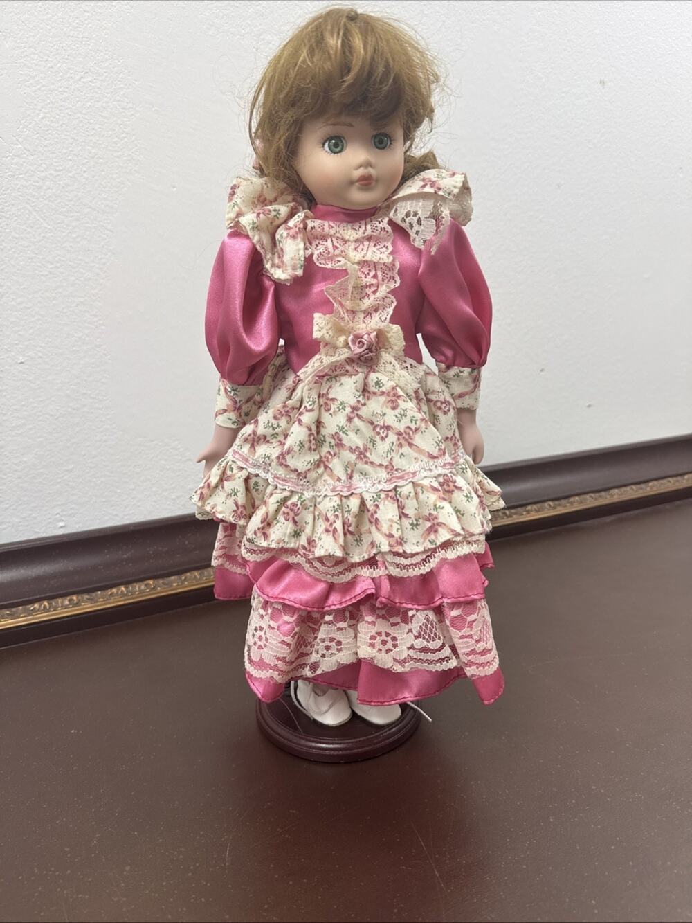 Vintage World Bazaars 16" Porcelain Doll Pink Dress Ruffles Lace Stand Included